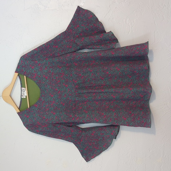 LadyNoiz Colorful Funky Artsy Retro MCM Floral Boho Hippie Bell Sleeve Tunic Top - Picture 4 of 7